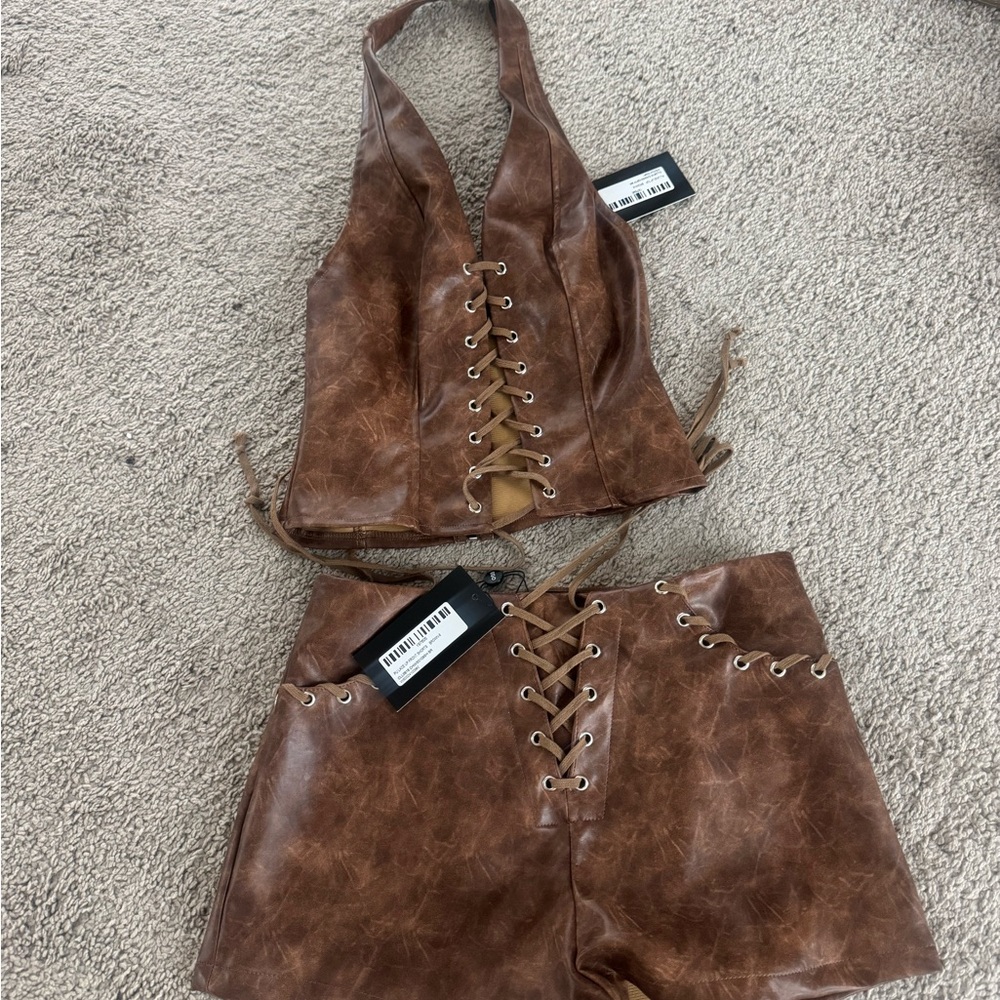 Brown Lace-Up Halter Top and Shorts Set
